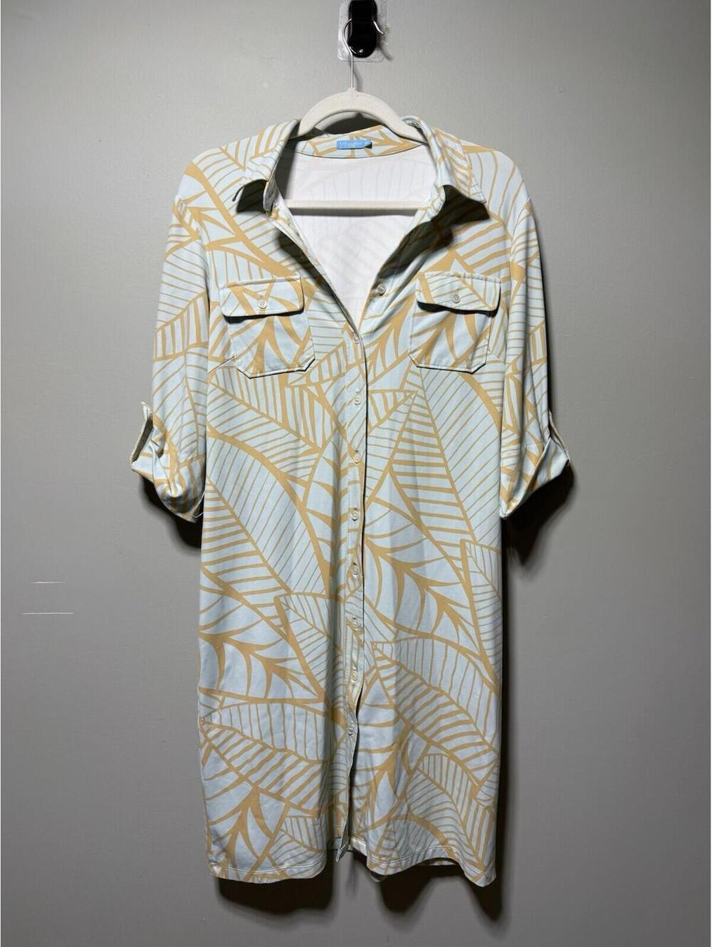 J. McLaughlin Gilchrist Catalina Cloth Shirt Dress Palm Leaf Blue Gold M Coastal